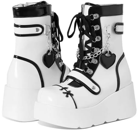 tinbarry Stivaletti Donna Stivali con Plateau Punk Gotico Stivali Stringati in Pelle PU Stivaletti Corti con Tacco Largo con Zeppa Cinturini con Fibbia Catene con Zip Scarpe Invernali
