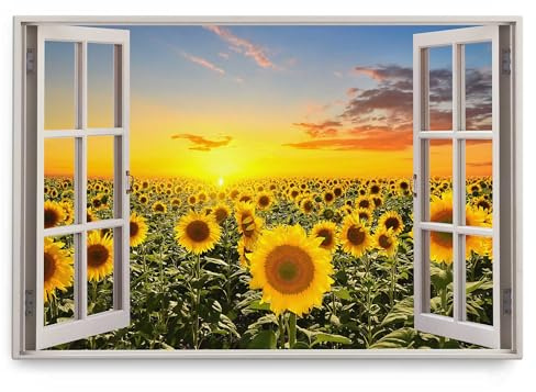 Paul Sinus Wandbild 120x80cm Fensterbild Sonnenblumenfeld Sonnenblumen Sommer Gelb Sonnenuntergang