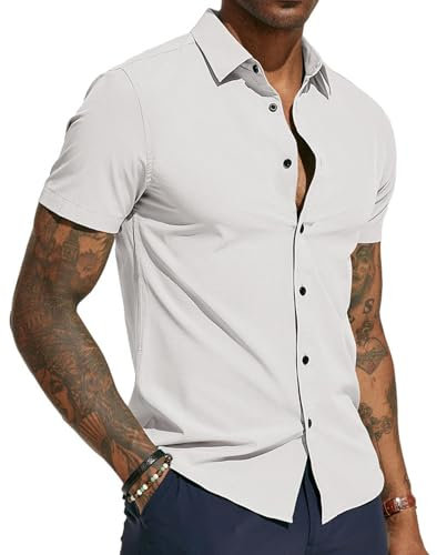 PJ PAUL JONES Camisa de manga corta para hombre, corte regular, sin planchado, camisa de negocios, camisa de verano, Blanco, L
