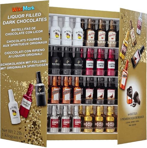 Botellitas de Chocolate Rellenas de Licor - Nueva Edición 2024 Con Nuevos Sabores - Incluye Caja Armario Botellero WikiMark. 1 Kg - 64 Botellitas. (Caja Armario Botellero, 64 Botellitas - 1 Kg)