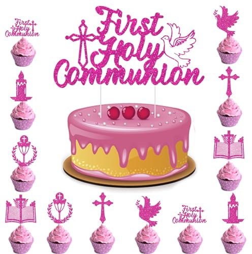 Volsha First Holy Communion Cake Topper Set: 13 Pieces (1 Cake Topper + 12 Cupcake Toppers) - Pink, Christian Theme