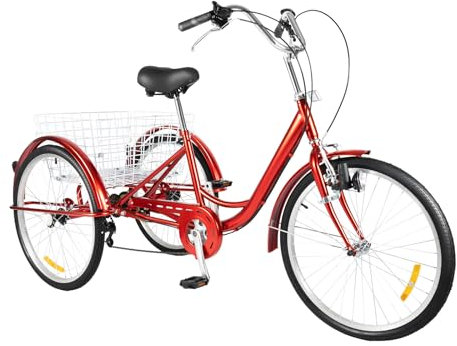 ROGONPDK 24 Zoll Dreirad Erwachsene 3 Räder Dreirad 6 Gang Adult Fahrrad Erwachsenendreirad Rot Dreirad Senioren Seniorenrad Senioren Fahrrad mit Korb