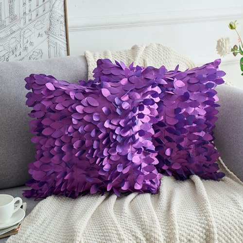 Uxcell Pack of 2 Solid Color Throw Pillow Cover, 3D Sequins Leaf Cushion Covers for Indoor Outdoor Purple 45 x 45 cm