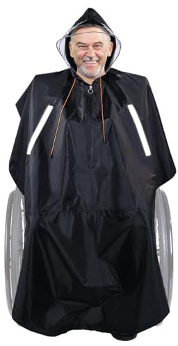 Regenponcho Rollstuhl für Herren Damen, Regencape Rollstuhlfahrer Erwachsene mit Halbtransparenter Kapuze, Wasserdicht Reißverschluss und Reflexstreifen, für Mobilität Rollator und Elektroroller