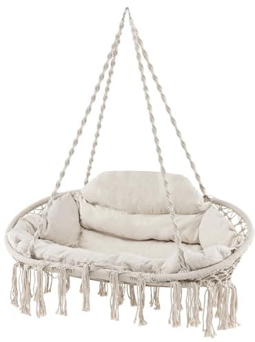 COSTWAY 2-Seater Hammock Swing Chair with Cushions, Folding Metal Frame Cotton Rope Macrame Hanging Chair, Indoor Outdoor Tassels Swing Seat for Porch, Poolside & Deck (without Stand)