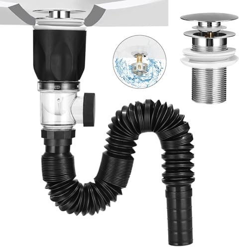 LEAZZLE Kits di Scarico Lavandino Bagno, con Tubetto Flessibile di Scarico, Pop-Up Filtro Tappo di Scarico Lavandino, Piletta Lavabo Bagno per Cucina, Estensibile 300-1000mm, Prova di Odori & Insetti