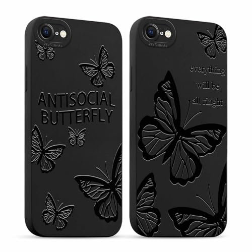 Foonary 2 Pack Phone Cases for iPhone 8/SE 2022/7/SE 2020 Case 4.7, Letter Butterfly Aesthetic Print Soft Silicone TPU Case for Women, Shockproof Cover Protective Funda para Girls, Black for iPhone 7