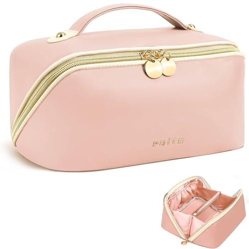 Prite Large Capacity Makeup Bag Portable Travel Cosmetic Bag Waterproof Toiletry Case with Clear Divider and Handle (Pink L)