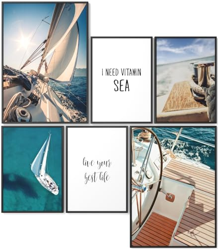 Papierschmiede® Mood Poster Set Segeln, Gerahmte Bilder (Rahmen: Farbe wählbar), Wohnzimmer Deko Schlafzimmer, 2x DIN A2 und 4x DIN A3, Meer Wind Ozean Sonne Blau