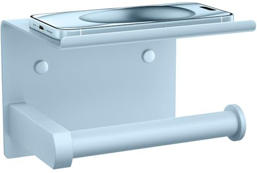 Tindbea Soporte para Rollos de Papel Higiénico con Estante, Despenador de Rollos de Papel Higiénico para Pared con Adhesivo o Tornillo, Soporte de Estante de Baño de Acero Inoxidable(Azul Celeste)