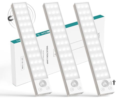 LQWELL® Schrankleuchte mit 36 ​​LEDs und Bewegungsmelder, 22.5 cm, 1500 mAh, Wiederaufladbar, Dimmbar, Schrankleuchte für Küche, Kleiderschrank, Bücherregal, Schlafzimmer (Weiß, 3 Stück)
