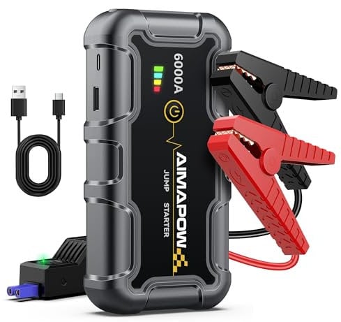 AIMAPOW Booster Batterie Voiture 6000A, Démarreur de Voiture 12V (Jusqu’à Tout Gas ou 10.0L Diesel), Booster de Batterie, Jump Starter Portable avec Pinces de Sûreté Intelligentes, Lampe LED (A20-ES)