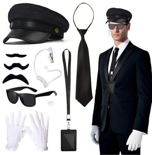 Orizizhic 9-teiliges Chauffeur-Kostüm-Zubehör-Set mit schwarzem Hut, Sonnenbrille, weißen Handschuhen, Krawatte, Ohrmuschel, ID-Abzeichen für Damen und Herren, 1920er-Jahre-Kostüm, Cosplay, Mottoparty