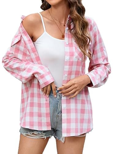 Stamain Women's Pink Checked Shirt Long Sleeve Casual Ladies Plaid Top Button Down Fitted Check Shirt for Women UK Stretch Blouse Top Roll Up with Pockets L