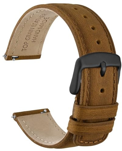 WOCCI 20mm Uhrenarmband für Herren und Damen, Echtes Leder - Top Genarbtes Leder, Schnellverschluss, Schwarze Schnalle (Kamel)