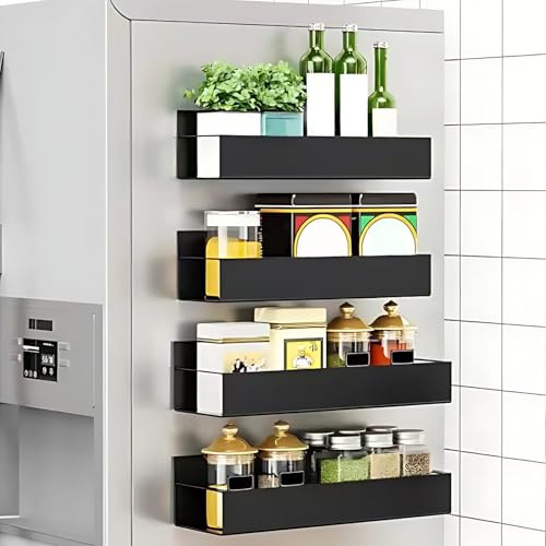 Magnetisk kryddhylla för kylskåp 4-pack, kylskåpshylla arrangör ingen borr | 2 storlekar, rymmer 3,6 kg, rostfri, verktygsfri, för kylskåp, tvättmaskin, mikrovågsugn, köksförvaring