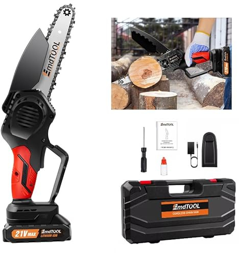 Mini motosierra con batería, batería de 6 pulgadas, con 1 batería de 1,5 Ah y 2 cadenas, 3500 RPM, batería para podar, tijeras de podar, corte de madera, color naranja