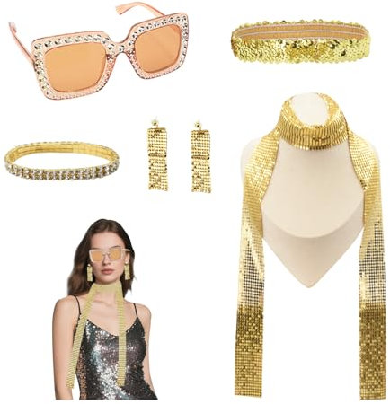 AolKee 70er jahre outfit damen, 70er Jahre Disco Zubehör Karneval Zubehör Damen, Disco Zubehör Damen, Disco Sonnenbrille Ohrringe Armband und Stirnband (Gold1)