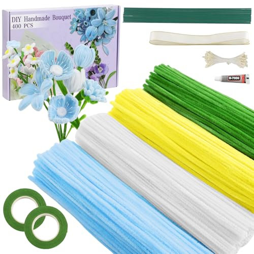 Galerie SV Pfeifenputzer zum Basteln Set, 400 Stück Pfeifenreiniger 4 Farben Blumenstrauß Pfeifenreiniger Blumen mit Geschenkband, Klebeband, Staubblätter für DIY Geschenke und Dekorieren