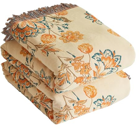 Bailix Premium Boho Tagesdecke 100% Baumwolle Kuscheldecke mit Fransen Doppelseitige Musselin Boho Decke 230x250cm, Kuschelige Sofadecke & Bettüberwurf, Sommedecke für Wohnzimmer Orange/Beige