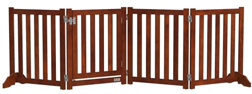 PawHut Barrière de sécurité Chien Pliable Double Face autoportante en Bois, barrière Chien intérieur 4 Panneaux avec Porte, avec Pieds de Support, pour Animaux de Compagnie, 205 x 60 cm, Marron