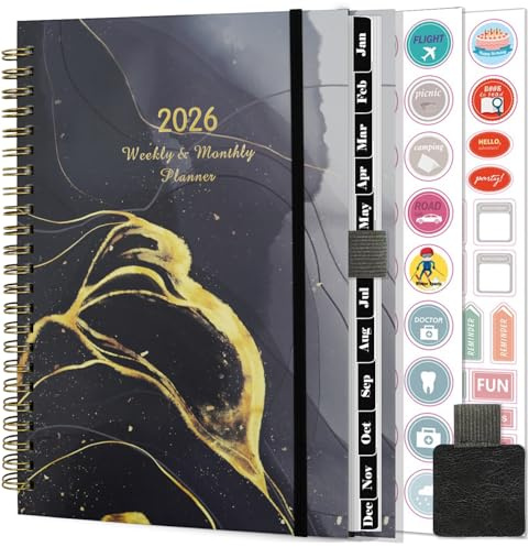 Gumiho Wochenkalender 2026, Spiralbindung – A5-Planer (Januar – Dezember 2026), Schülerkalender mit Stiftschlaufe & Planaufklebern (schwarz)