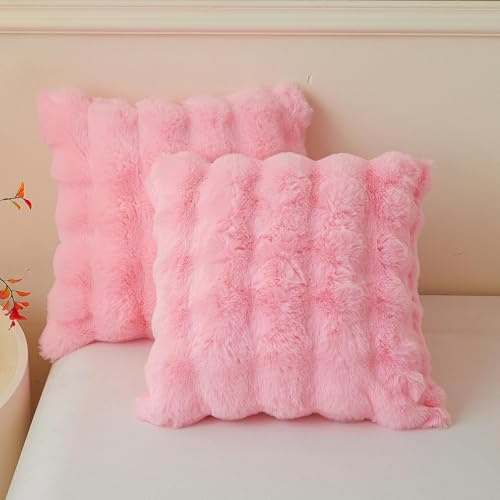 LIFEREVO Fluffy Faux Rabbit Fur Cushion Covers 50x50cm Set of 2, Pink | Soft Plush Bubble Throw Pillow Covers with Zipper, Decortaive Fuzzy Shaggy Square Pillow Shams for Bedroom Living Room Office