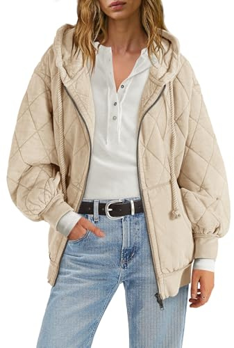Yanekop Womens Quilted Jackets Lightweight Puffer Jacket Casual Padded Coat Outwear Oversized Puffer Coat with Pockets(Light Khaki,M)