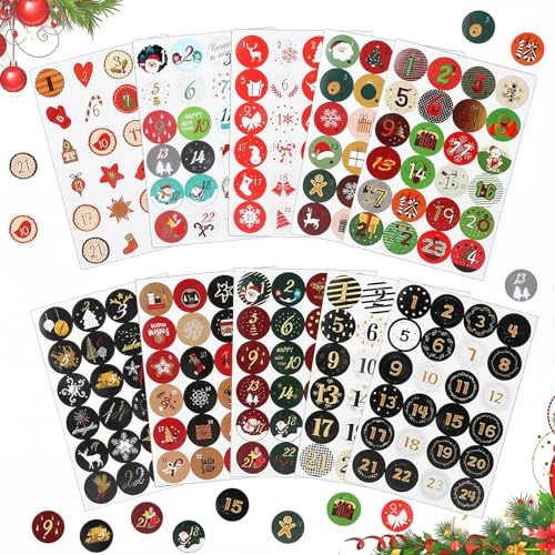 Lysjoy Adventskalender Zahlen Aufkleber, 10 X 24 Aufkleber Weihnachten Zahlen, Adventskalender Sticker 1-24, Weihnachtsaufkleber Nummern, Advent Calendar Stickers Rund, Christmas Countdown Sticker