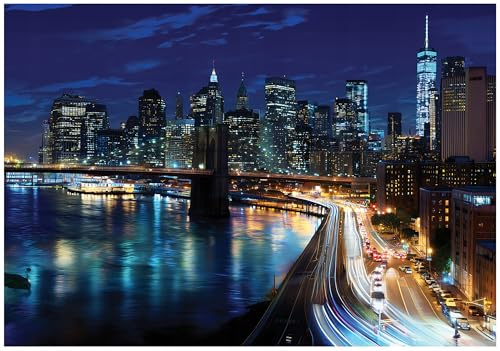 WallArena - Papier peint panoramique intissé New York, NY 300x210 cm - Papier peint photo non tissé - Pour salon et chambre à coucher - Effet 3D - Avec colle - Pont de Brooklyn, City Night