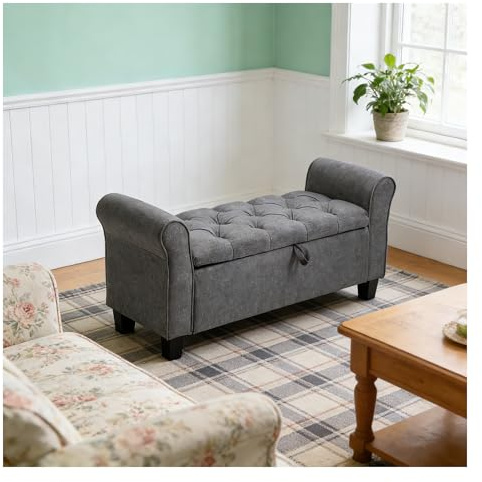 INMOZATA Linen Storage Bench with Armrests, Tufted Window Seat Bench, Grey Upholstered Storage Ottoman for Entryway, Living Room, Bedroom (Seating & Hidden Storage Space)