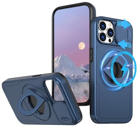 BEENTRYS Coque Magnétique pour iPhone 12 Pro Max/iPhone 13 Pro Max,Compatible avec MagSafe Couvercle Caméra Coulissant Housse de Téléphone Support Anneau Anti-Rayures Antichoc Étui de Protection-Bleu