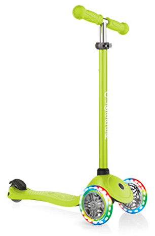 Globber Primo Lights – Tretroller Kinder, 120/80 mm, ABEC 5, 3-rädrig, höhenverstellbar, LED-Leuchtrollen, Lime grün