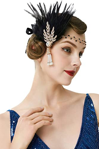 BABEYOND Damen Feder Stirnband 1920s Stil Flapper Art Deco Inspiriert von Great Gatsby Blatt Blinkende Kristalle Haarband (Gold)