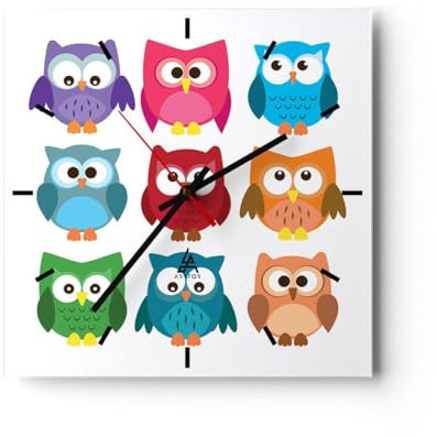 Modern Wanduhr Eulen Bunt Kinder Zeichnung 40x40cm Quadrat Groß Wand Uhr Glas Analog Zimmeruhren Küche Büro Wohnzimmer Glasuhr Wall Clock Dekoration Design Wanddekoration Küchenuhr C3AC40x40-2880