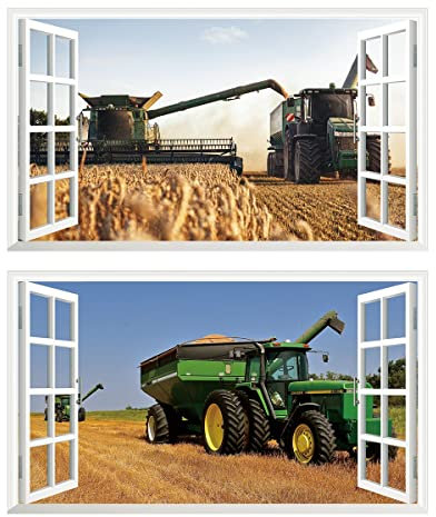 2Pcs Wandtattoo Traktor Trecker 3D Effekt XXL Farm Feld Landwirtschaft Wandaufkleber Fenster Selbstklebend für Junge Kinderzimmer v14 1000 mm breit x 600 mm tief (groß)