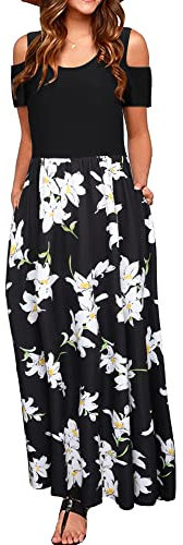 STYLEWORD Women's Summer Cold Shoulder Short Sleeve Maxi Dress Floral Print Elegant Long Dress with Pockets(Floral01,XL