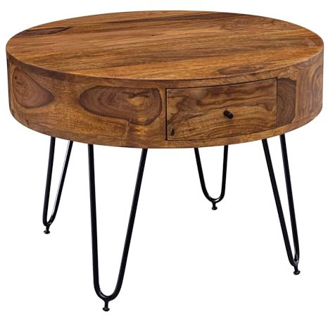 Wohnling Couchtisch Sheesham Massivholz/Metall 60x44,5x60 cm Tisch Wohnzimmer, Design Beistelltisch mit Schubladen, Kleiner Wohnzimmertisch Rund Braun