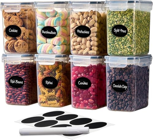 DWËLLZA KITCHEN Airtight Food Storage Container Set - 8 Pieces 1.4L - Plastic BPA Free Kitchen Pantry Storage Containers with Lids - Dishwasher Safe - Include 8 Labels - Keeps Food Fresh & Dry