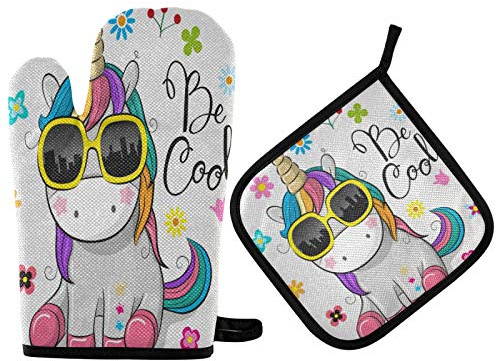 TropicalLife Oowow Ofenhandschuh und Topflappen, Set mit coolem Cartoon-Einhorn, Blume, Baumwollfutter, hitzebeständig, Topflappen, für Küche, Backen, Kochen, Grillen, Weihnachten