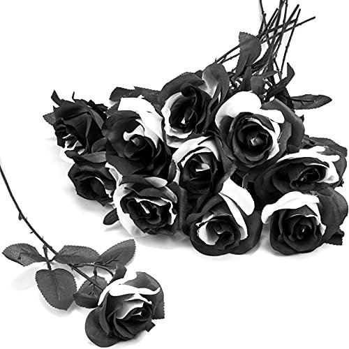 Tuzazo 10 rose artificiali bianche e nere con steli, fiori in finta seta, bouquet da sposa gotico, fiori realistici per casa, ufficio, hotel decorazioni