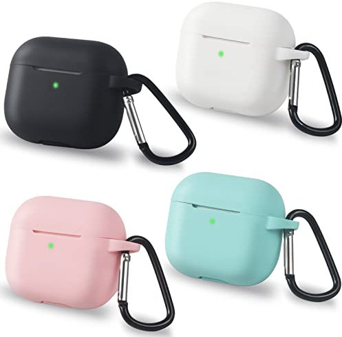 XMONKEY Silikon-Schutzhülle für AirPods (3. Generation), 4 Packungen nahtlose Passform, Schutzhülle mit D-Form-Clip, kompatibel mit Apple AirPods der 3. Generation, Schwarz, Weiß, Rosa und Mintgrün