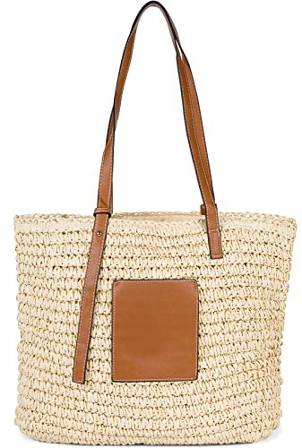 styleBREAKER Korbflecht Schultertasche aus Papierstroh mit Kunstleder Details | Damen Shopper Basttasche geflochten mit Reißverschluss | Strandtasche 43 x 34 x 4 cm, Farbe:Beige