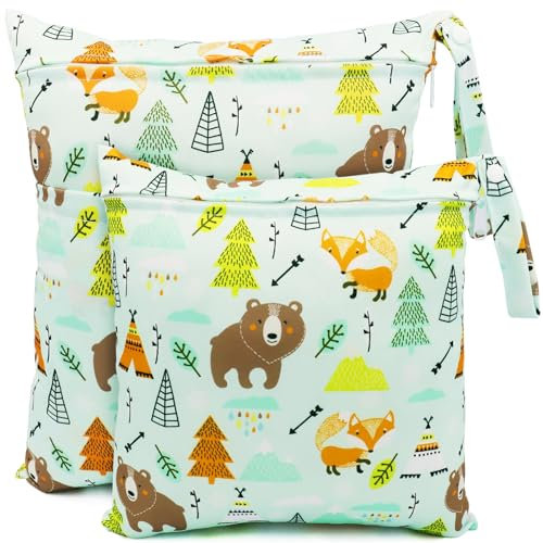 FenFang Wetbag Kindergarten, 2 Stück Nasstaschen Windeltasche Stoffwindeln Nassbeutel Organiser Beutel Wickeltasche Taschen Wasserdicht Wiederverwendbar (Grüner Bär)
