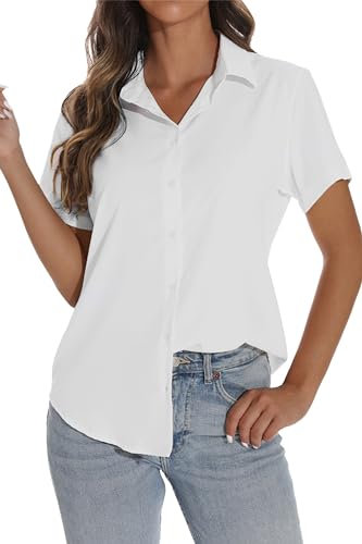 GUANYY Womens Short Sleeve Button Down Shirts Business Collar Blouse Basic Simple Dress Shirt, Pearl White, Size XL