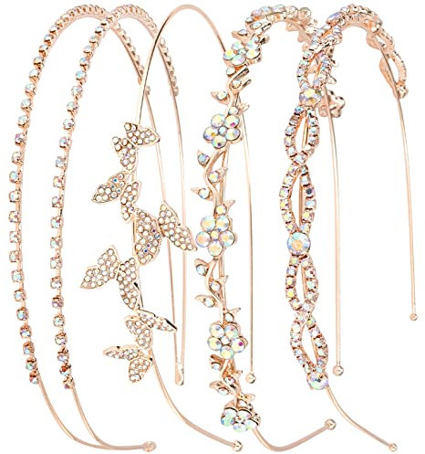 Wecoe 4 Pack AB Rhinestone Headbands Rose Gold Metal Headbands Flower Girl Bridal Wedding Headband Crystal Headpieces Flower Leaf Butterfly Headband Formal Hair Accessories For Women Girls Gifts
