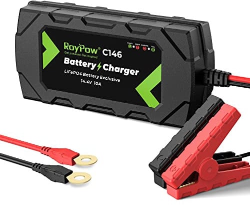 RoyPow LiFePO4 Battery Charger 14.4V 10A Automatic Trickle Battery Charger Maintainer for 12V LiFePO4 Lithium Battery with Alligator Clamp and Ring Terminal