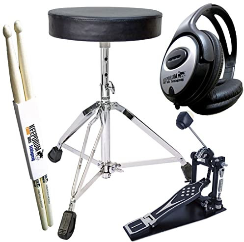 keepdrum Add-On Pack Pro E-Drums Zubehörset bestehend aus Drumhocker - Fußmaschine - Kopfhörer - Drumsticks