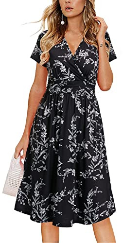OUGES Women Summer Casual Dress V Neck Short Sleeve Ladies Spring Mothers Day Midi Dress(Floralz27-419,XL)