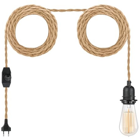 LOFOB Lámpara colgante enchufable, estilo vintage, cable de cuerda gris con interruptor de atenuación de cable de 16.4 pies para cocina, isla, granja, comedor, dormitorio, garaje, pasillo